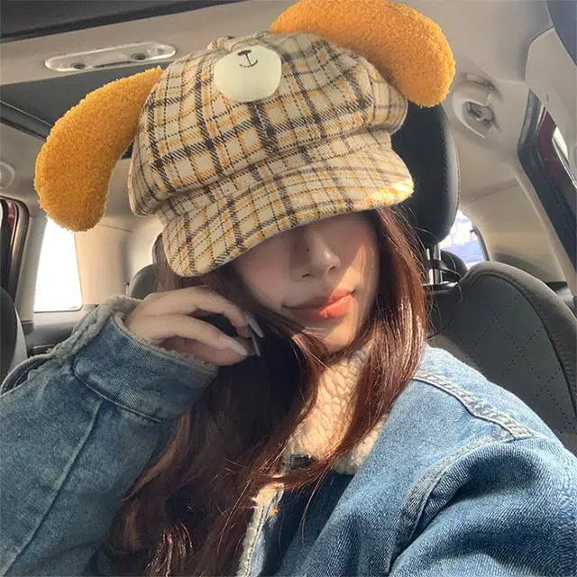 【萌趣可爱】 雅鹿优选 秋冬季可爱黄油小狗毛绒耳朵格子贝雷帽女生百搭趣味保暖八角鸭舌帽 涤纶 贝雷帽 女款