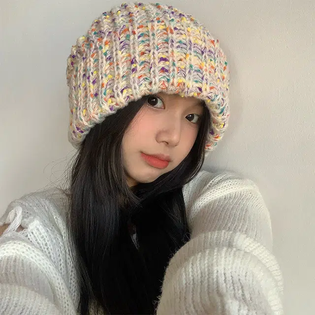 雅鹿优选 秋冬百搭毛线帽子女生大头围显脸小堆堆帽彩虹混色保暖针织套头冷帽绒线帽 涤纶 绒线帽 女款