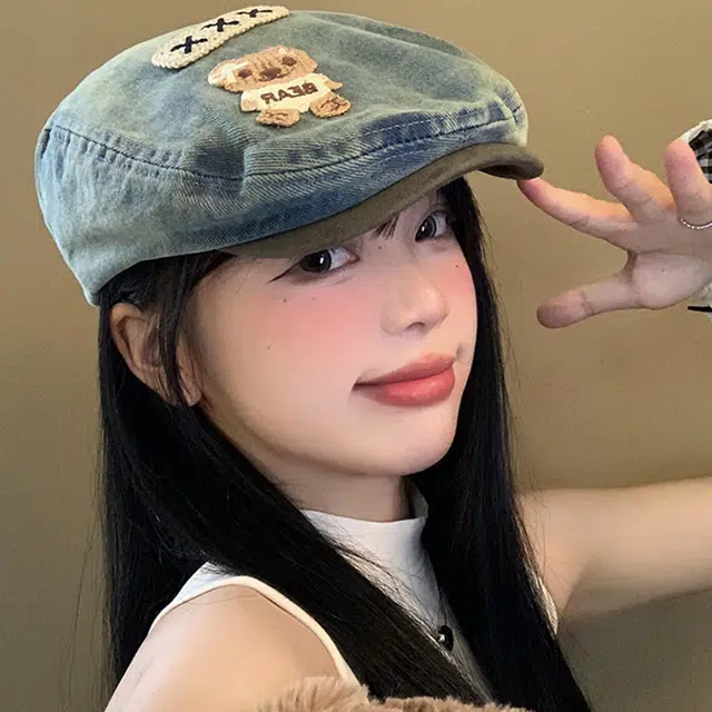 雅鹿优选 韩系可爱小熊贴布水洗做旧百搭出游时尚百搭显脸小画家帽 棉 贝雷帽 男女同款情侣款
