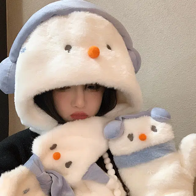 【萌趣小雪人】 雅鹿优选 冬季保暖可爱耳机雪人护耳毛绒帽子三件套女生围脖挂脖手套绒线帽套装 涤纶 绒线帽 女款