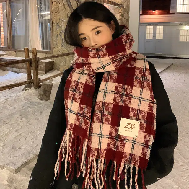 雅鹿优选 七彩丹霞氛围感格子围巾冬季高级感百搭格纹学生加厚保暖围脖 男女同款情侣款 礼盒装 绒线围巾 男女同款情侣款
