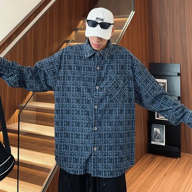 徐太浪 复古学院风满印提花翻领落肩单排扣宽松休闲长袖衬衫 男女同款