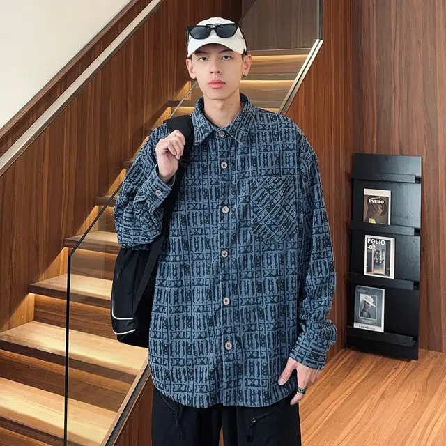 徐太浪 复古学院风满印提花翻领落肩单排扣宽松休闲长袖衬衫 男女同款