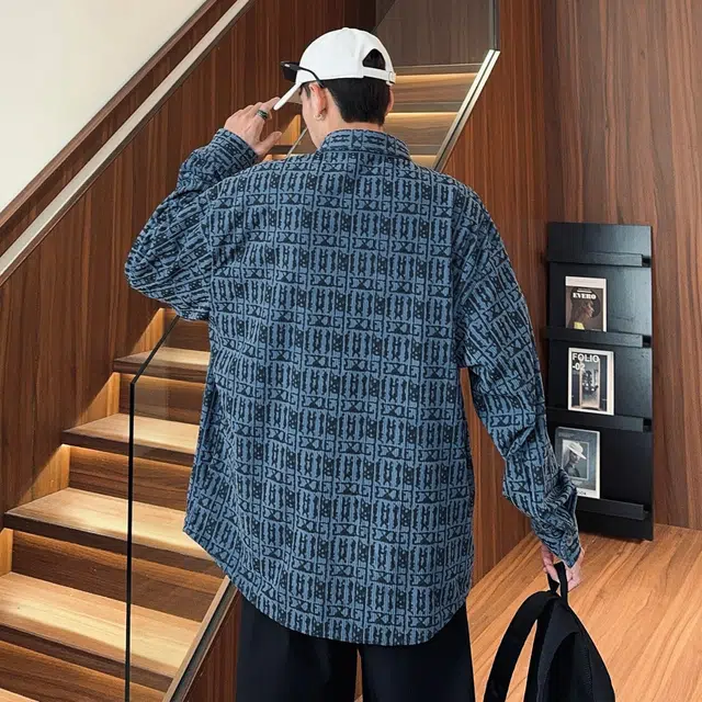 徐太浪 复古学院风满印提花翻领落肩单排扣宽松休闲长袖衬衫 男女同款