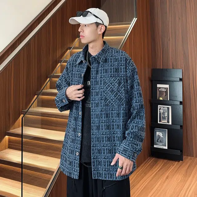 徐太浪 复古学院风满印提花翻领落肩单排扣宽松休闲长袖衬衫 男女同款