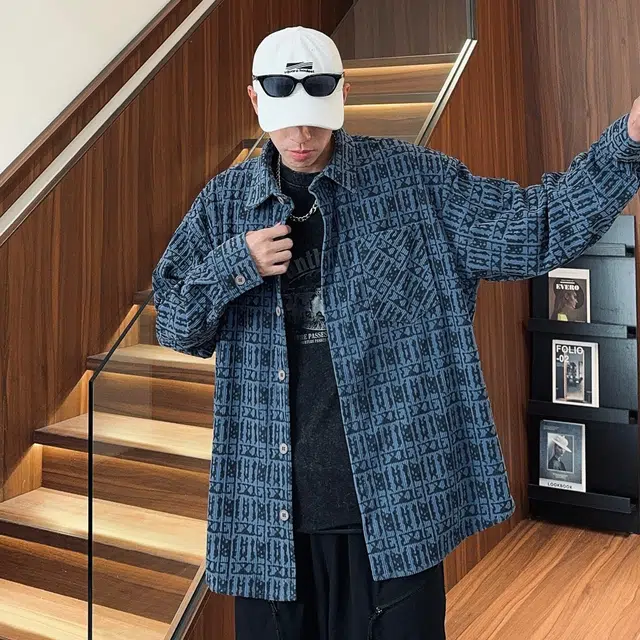 徐太浪 复古学院风满印提花翻领落肩单排扣宽松休闲长袖衬衫 男女同款