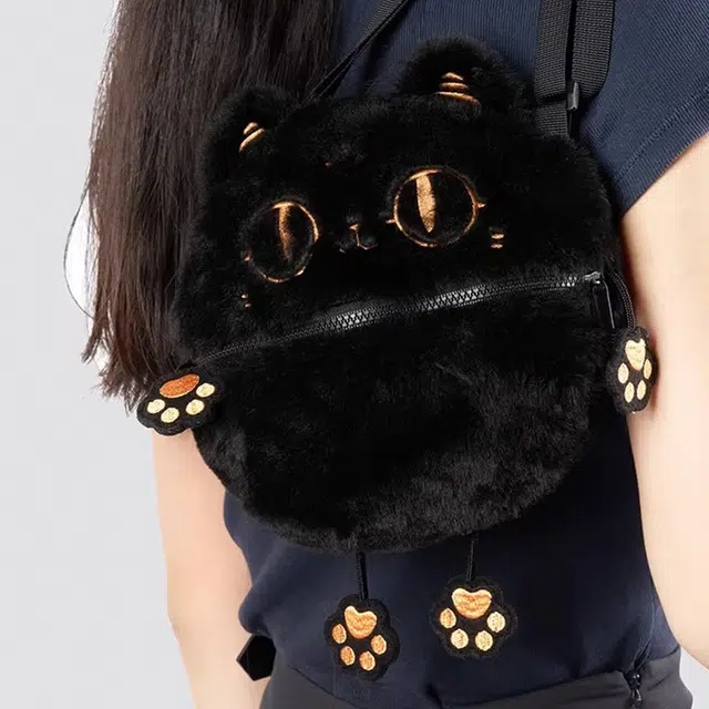 大英博物馆 安德森猫和她的朋友们系列 萌猫 毛绒 圆饼包手机包斜挎包 小号 男女同款情侣款 黑色/黄色