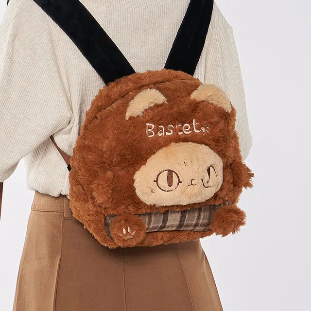 大英博物馆 巴斯特系列 可爱 萌猫格纹拼接 聚酯纤维 双肩包 女款 棕色