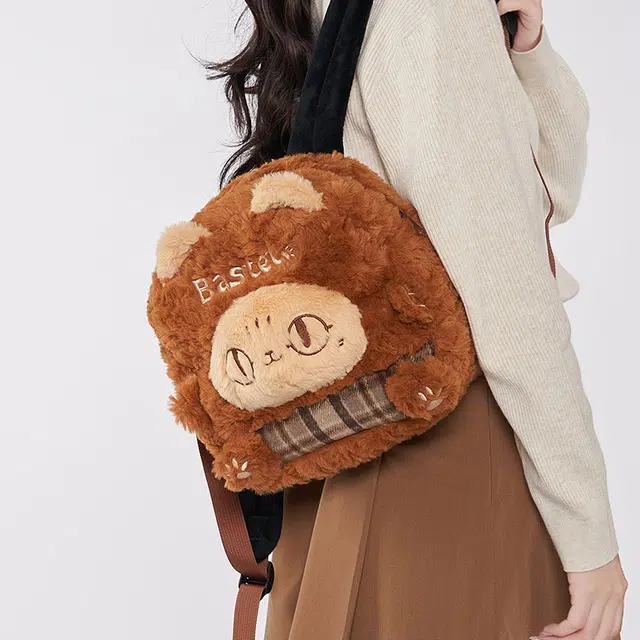 大英博物馆 巴斯特系列 可爱 萌猫格纹拼接 聚酯纤维 双肩包 女款 棕色