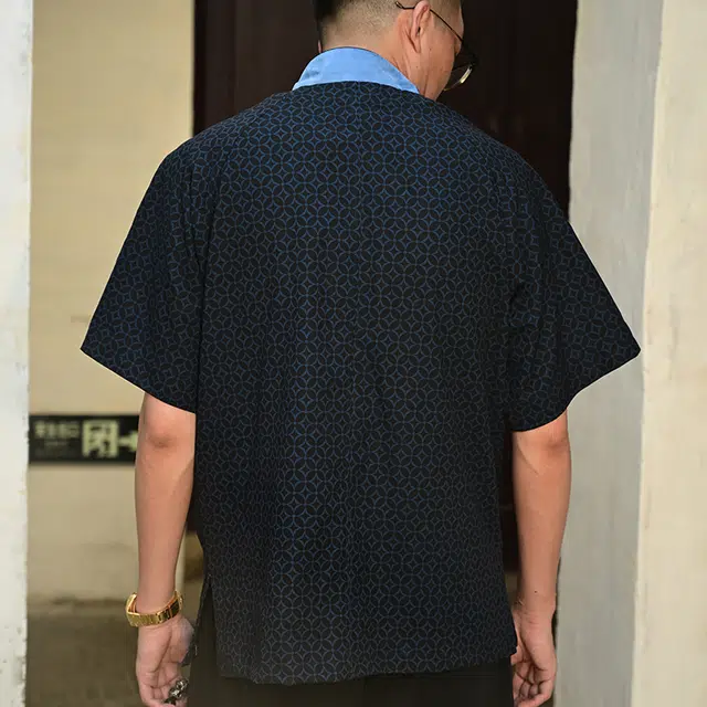 三省六部 工部天圆地方·唐装国风铜钱刺绣满印短袖衬衫 男女同款