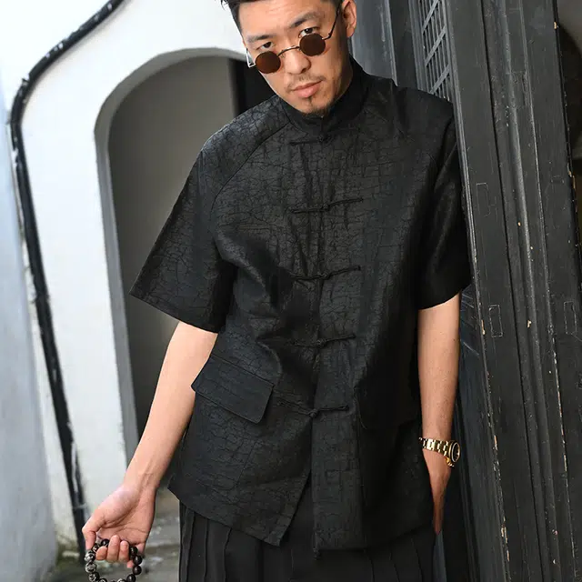 三省六部 门下省·司天监高端香云纱龟裂真丝短袖唐装衬衫 男女同款