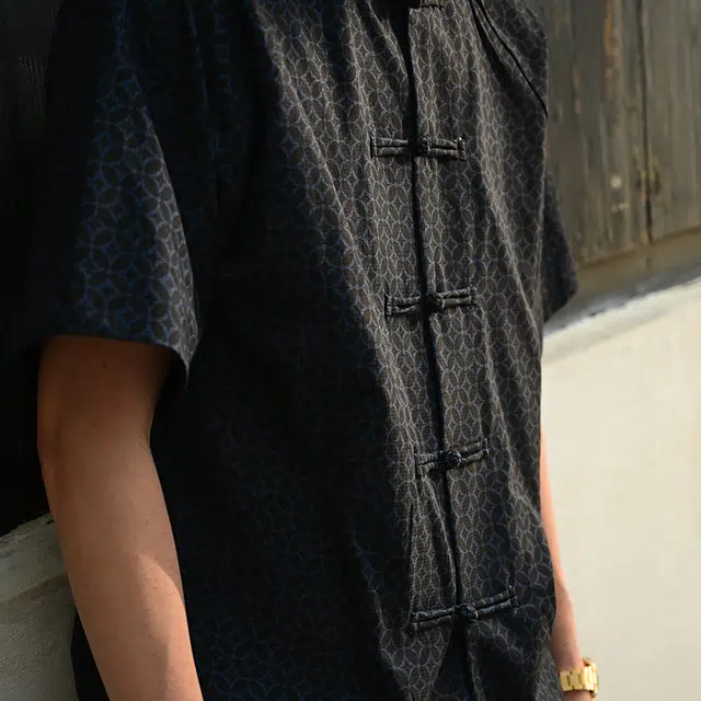 三省六部 工部天圆地方·唐装国风铜钱刺绣满印短袖衬衫 男女同款