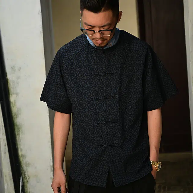 三省六部 工部天圆地方·唐装国风铜钱刺绣满印短袖衬衫 男女同款