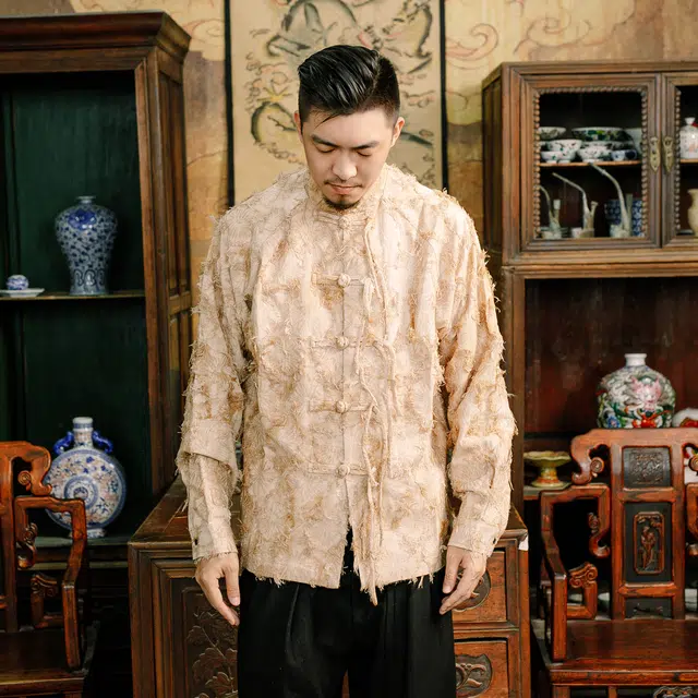 三省六部 礼部·观天象国风复古扎染亚麻剪花长袖盘扣衬衫 男女同款