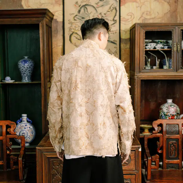 三省六部 礼部·观天象国风复古扎染亚麻剪花长袖盘扣衬衫 男女同款