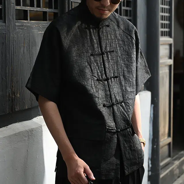 三省六部 门下省·司天监高端香云纱龟裂真丝短袖唐装衬衫 男女同款