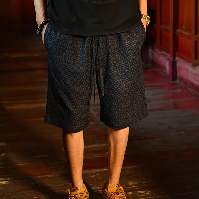 三省六部 天圆地方新中式铜钱满印薄款中裤休闲短裤 男女同款