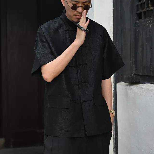 三省六部 门下省·司天监高端香云纱龟裂真丝短袖唐装衬衫 男女同款