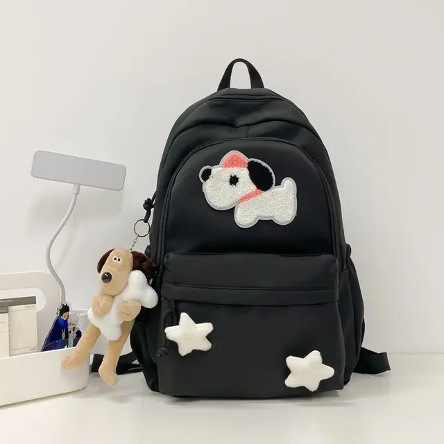 八小万 简约可爱小狗刺绣搭配卡通星星大容量学院风 百搭书包 帆布 双肩包 男女同款情侣款 多色