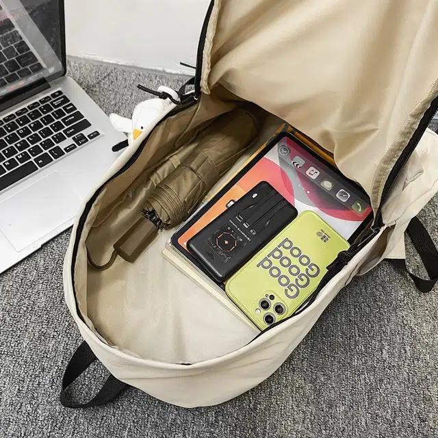 八小万 简约百搭日系纯色学生 尼龙 书包背包双肩包 男女同款情侣款 米白色/暗黑色