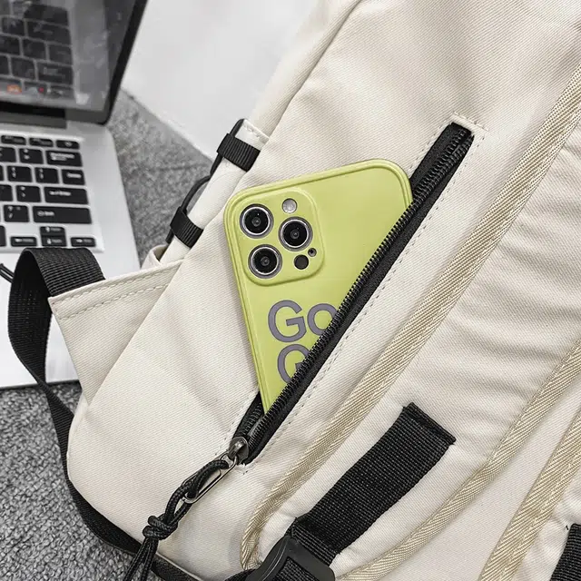 八小万 简约百搭日系纯色学生 尼龙 书包背包双肩包 男女同款情侣款 米白色/暗黑色