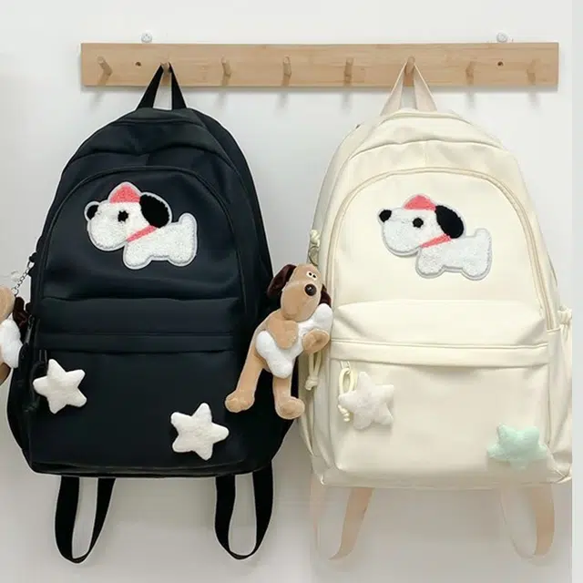 八小万 简约可爱小狗刺绣搭配卡通星星大容量学院风 百搭书包 帆布 双肩包 男女同款情侣款 多色