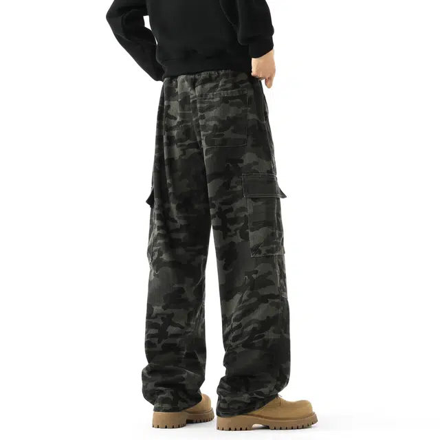 西行纪  美式复古水洗做旧解构大口袋迷彩工装设计感宽松直筒阔腿休闲牛仔裤 男女同款