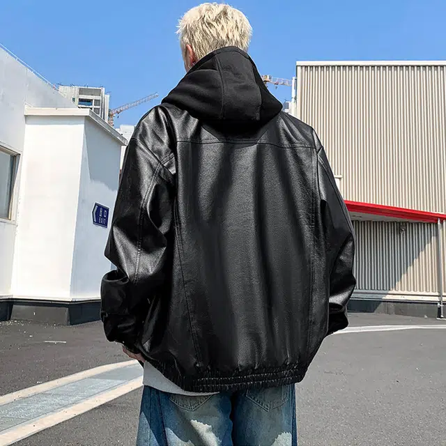 西行纪 美式高街机车服水洗扎染街头痞帅设计感可拆卸假两件连帽开衫宽松休闲舒适百搭高级感飞行员夹克外套 男女同款