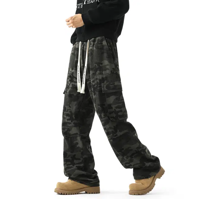西行纪  美式复古水洗做旧解构大口袋迷彩工装设计感宽松直筒阔腿休闲牛仔裤 男女同款