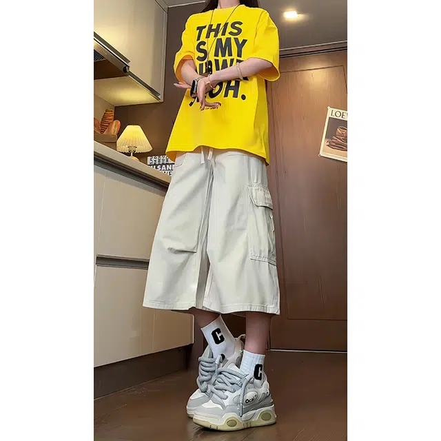 西行纪 美式高街设计感大口袋七分裤舒适百搭透气宽松户外运动直筒阔腿休闲工装短裤 男女同款