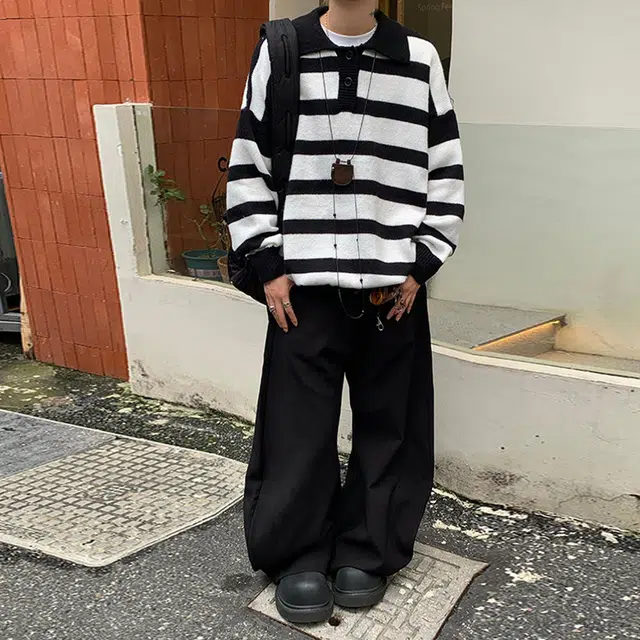 西行纪 美式复古设计感撞色条纹拼色软糯宽松舒适简约百搭休闲上衣慵懒感多巴胺色系日常穿搭保暖长袖翻领针织毛衣 男女同款