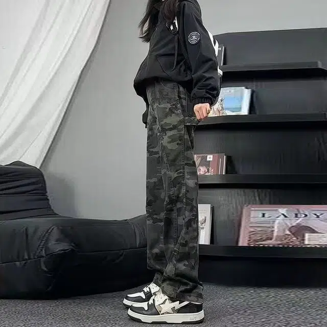 西行纪 美式高街设计感迷彩褶皱百搭宽松直筒阔腿户外伐木裤潮流痞帅日常通勤垂感拖地休闲牛仔裤 男女同款
