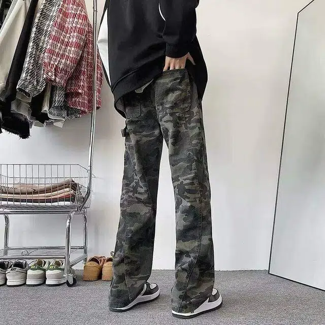 西行纪 美式高街设计感迷彩褶皱百搭宽松直筒阔腿户外伐木裤潮流痞帅日常通勤垂感拖地休闲牛仔裤 男女同款