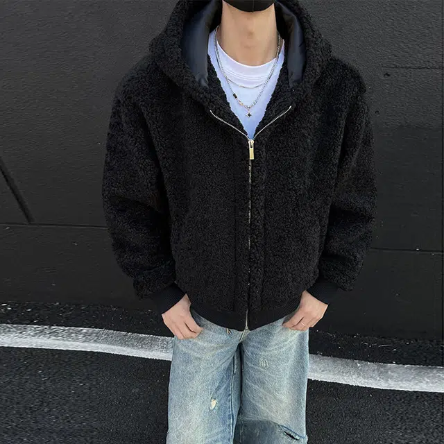 西行纪 美式复古高街纯色羊羔毛痞帅时尚个性绒外套日常无性别主义穿搭高级感情侣宽松休闲加厚保暖连帽棉服 男女同款