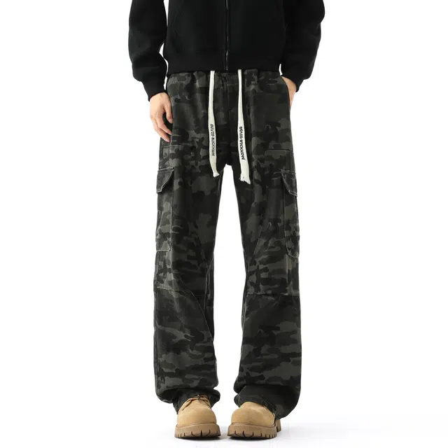 西行纪  美式复古水洗做旧解构大口袋迷彩工装设计感宽松直筒阔腿休闲牛仔裤 男女同款