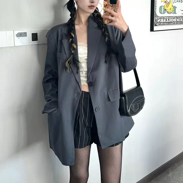 西行纪 美式高街设计经典格雷系多巴胺高级感简约宽松垫肩硬挺小西装外套单排扣垂感休闲夹克 男女同款