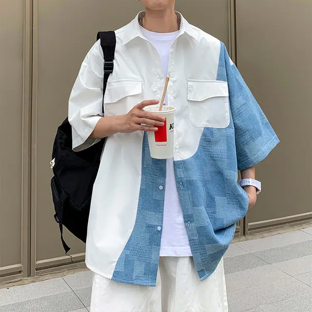 西行纪 垂感拼接撞色学院风宽松休闲凉感小清新高级感设计感外套潮牌单排扣翻领短袖衬衫 男女同款
