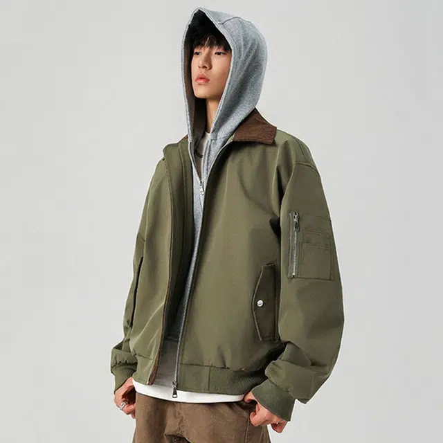 西行纪 美式复古高街基础款撞色拼接金属多拉链解构设计高级感休闲宽松舒适通勤百搭假两件连帽飞行员夹克外套 男女同款