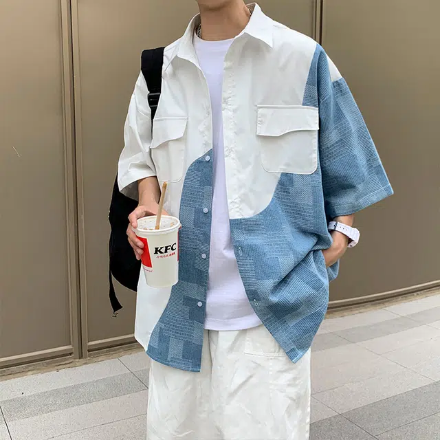 西行纪 垂感拼接撞色学院风宽松休闲凉感小清新高级感设计感外套潮牌单排扣翻领短袖衬衫 男女同款
