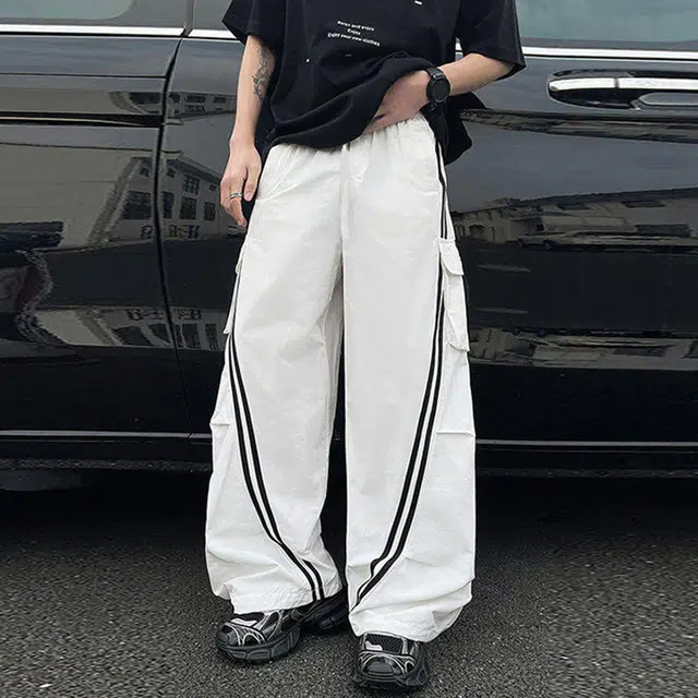 西行纪 美式高街设计感条纹大口袋工装宽松伞兵裤薄款舒适透气百搭户外运动速干休闲裤 男女同款