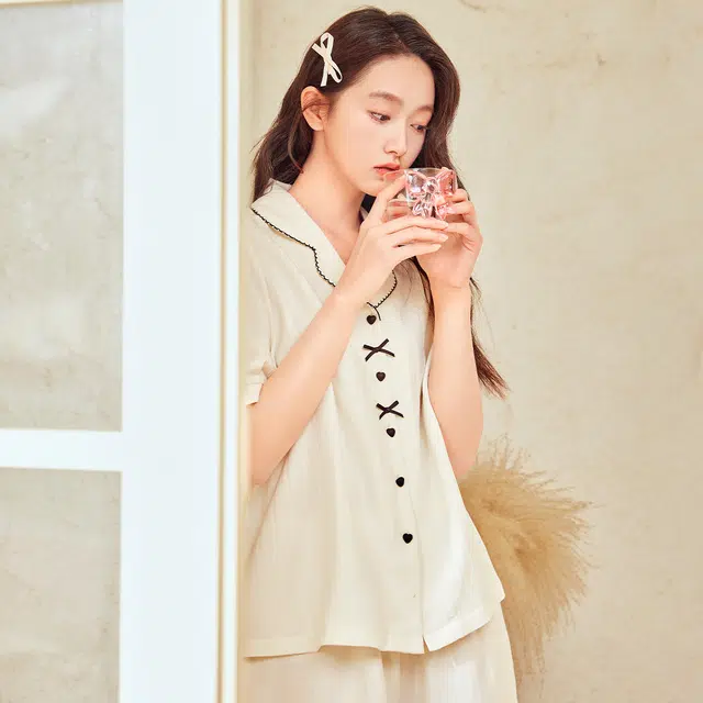 森马 家居服圆翻领撞色可外穿休闲舒适简约柔软睡衣套装 女款