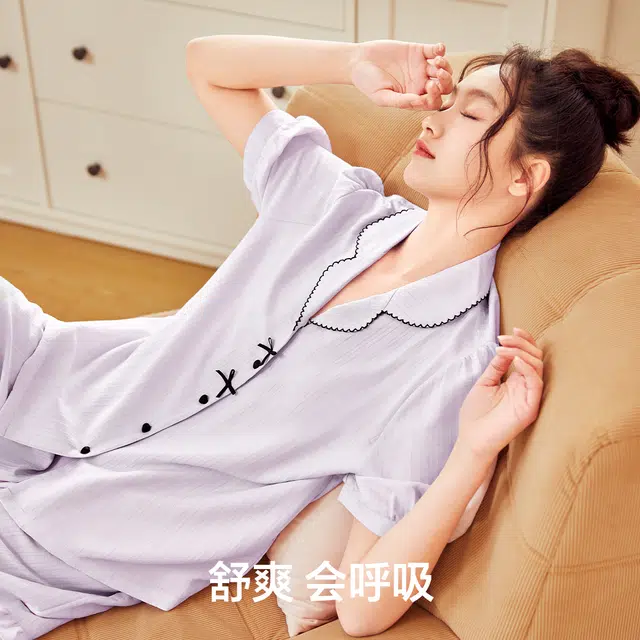 森马 家居服圆翻领撞色可外穿休闲舒适简约柔软睡衣套装 女款