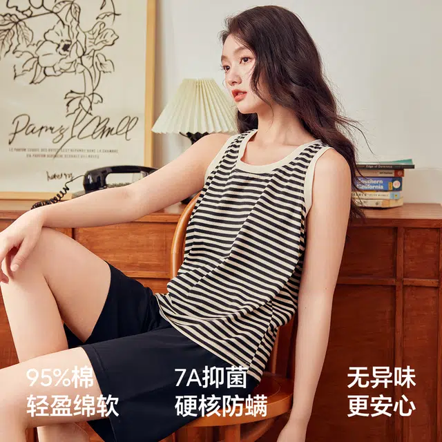 森马 条纹抑菌防螨家居服圆领无袖背心上衣可外穿休闲舒适简约透气三分裤睡衣套装 女款 黑白间