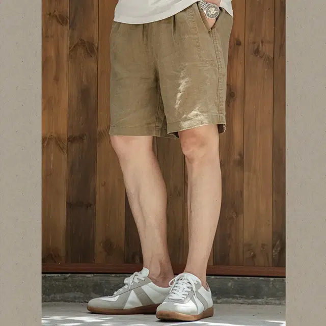 唔刃 美式工装天然亚麻呼吸裤未染原麻五分吸汗透气薄款男士夏休闲短裤 男款