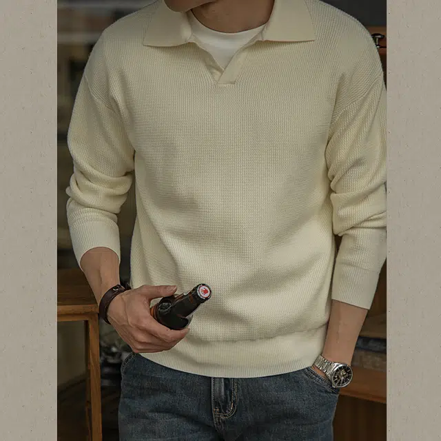 唔刃 工装美式复古重磅马球服领套头抗起球长袖针织衫 男款
