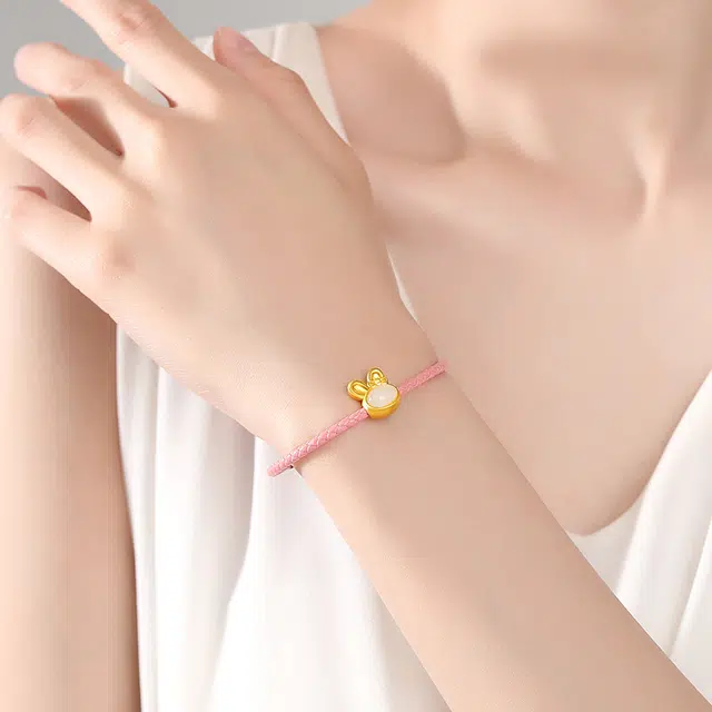 墨者善石  传统铸造工艺 黄金手链女款 足金生肖兔手绳 粉色绳红绳 本命年手环精致甜美时尚多巴胺