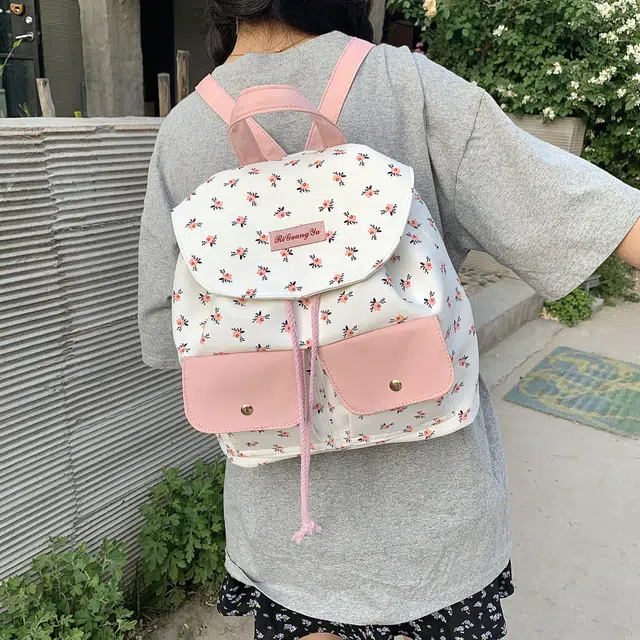 度森袋鼠 大容量碎花小众设计少女心 尼龙 背包双肩包 常规 女款 粉色