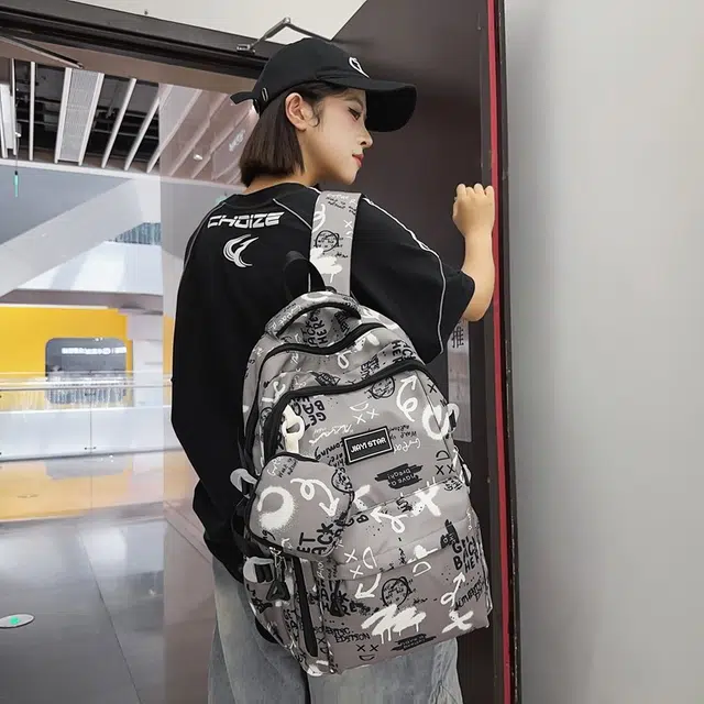 度森袋鼠 潮流涂鸦背包休闲大学生书包初中生 尼龙 双肩包 常规 男女同款情侣款 黑色/灰色/红色/蓝色/宝蓝色