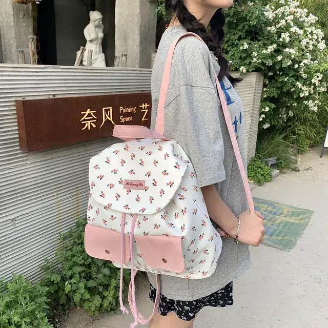 度森袋鼠 大容量碎花小众设计少女心 尼龙 背包双肩包 常规 女款 粉色