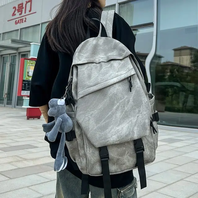 度森袋鼠 日系中性风休闲简约学生上课通勤时尚百搭 复合布 双肩包 常规 男女同款情侣款 深灰/浅灰/蓝色